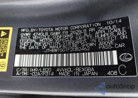 2015 Lexus Es 300H z USA, uszkodzony, nr VIN JTHBW1GG1F2082462